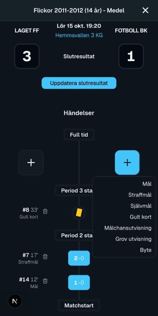 RefBase Rapportera matchen direkt i appen