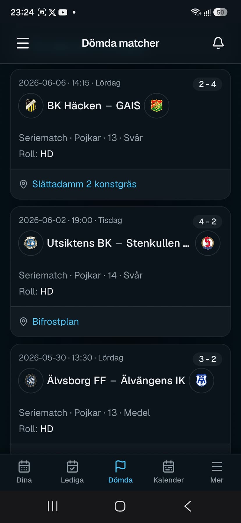 RefBase Historik och matchdetaljer — vy 1