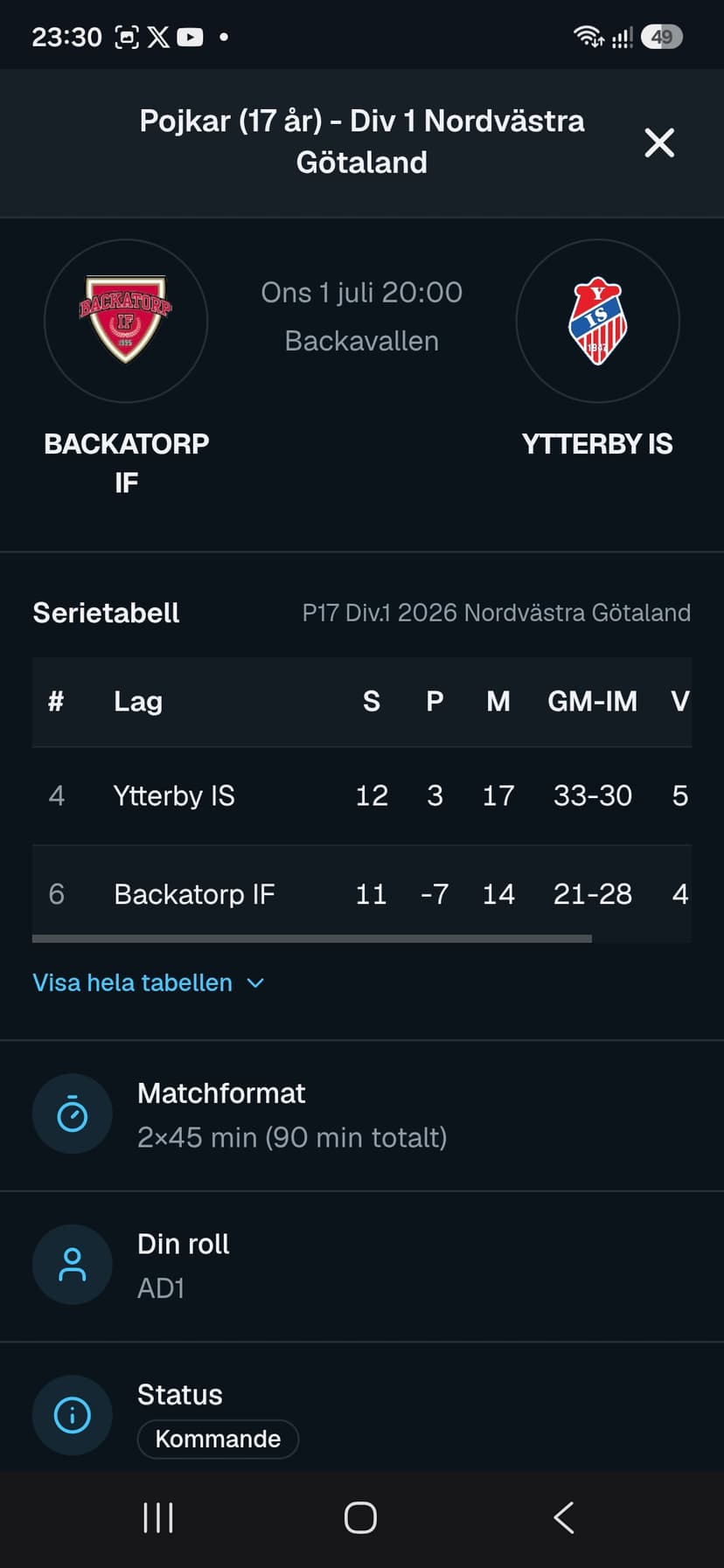 RefBase Förbered dig före avspark — vy 1