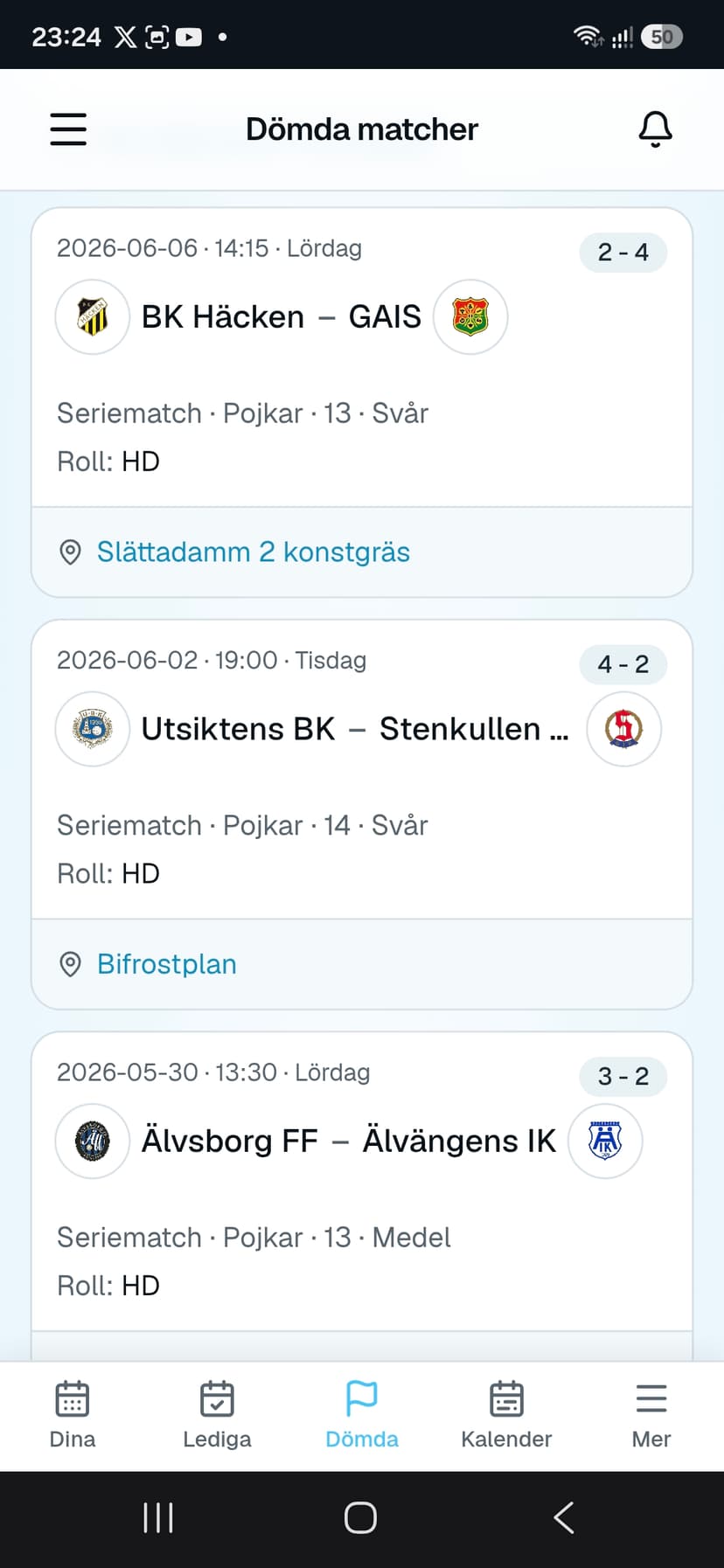 RefBase Historik och matchdetaljer — vy 1