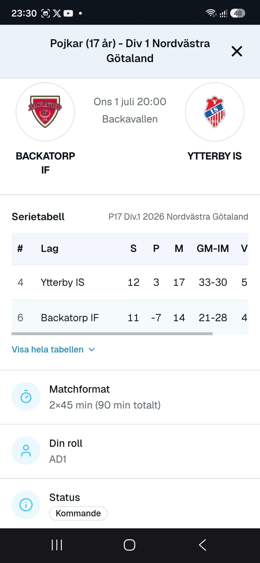 RefBase Förbered dig före avspark — vy 1