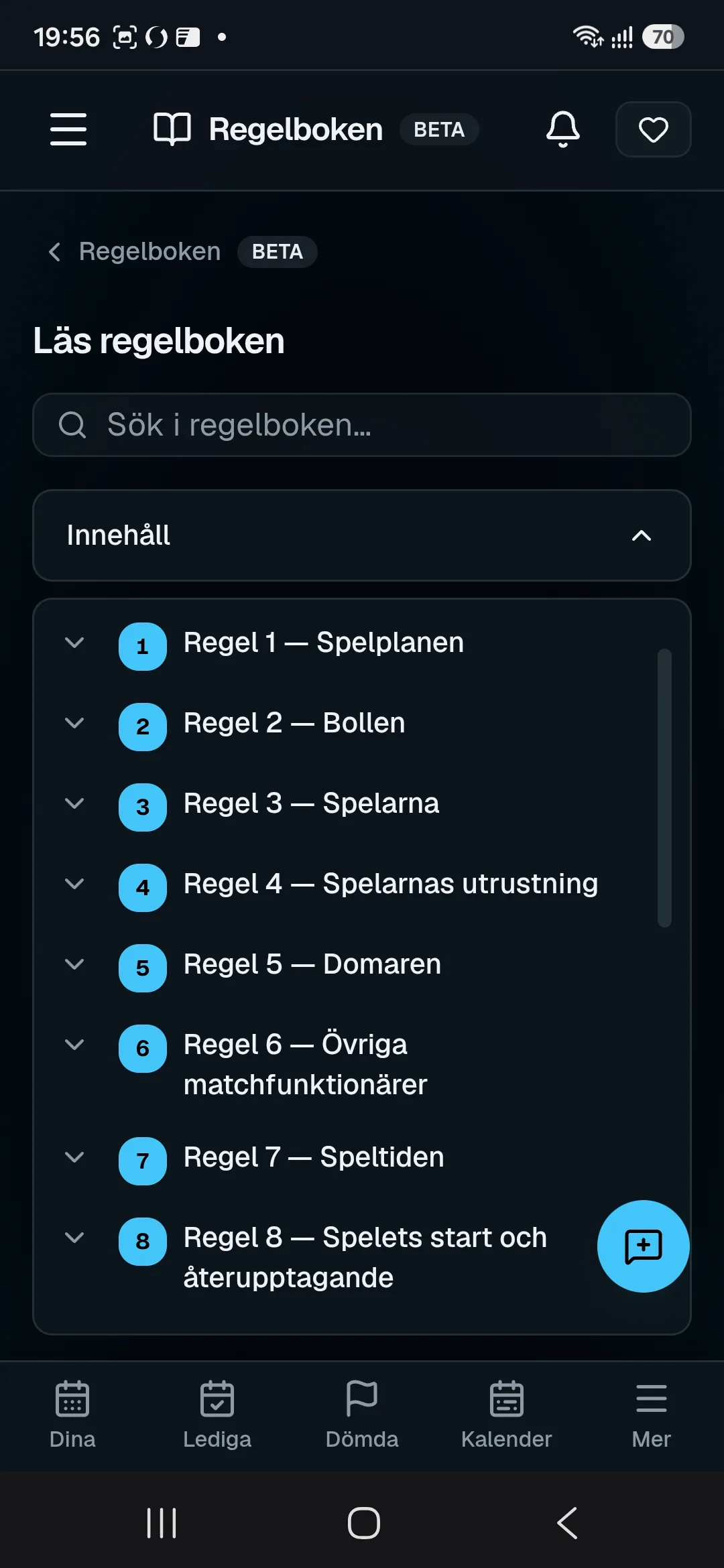 RefBase Sök i regelboken, eller fråga RefBot — vy 1