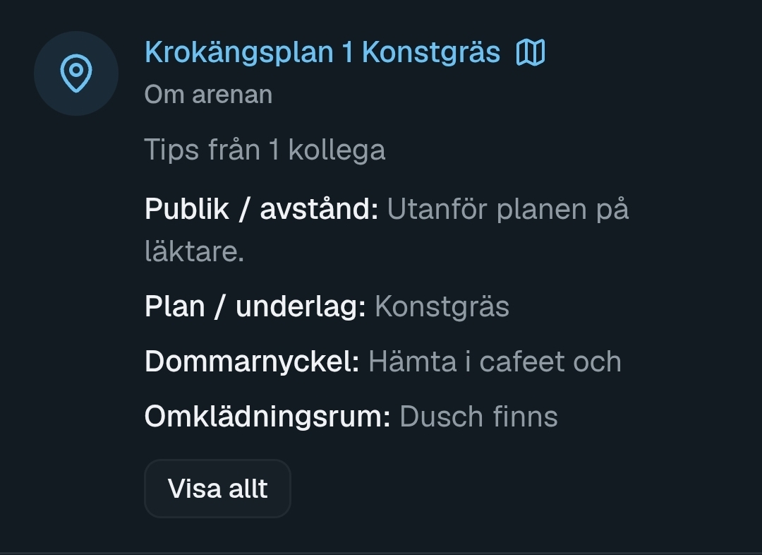 RefBase matchdetalj med Om arenan och tips från kollegor om planen