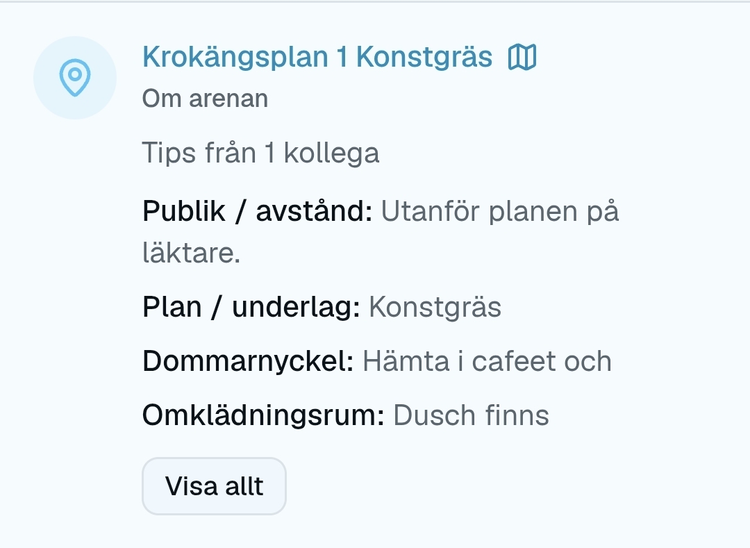 RefBase matchdetalj med Om arenan och tips från kollegor om planen